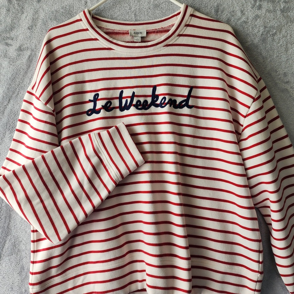 J.Crew Sweatshirt Womens Size Large Embroidered Weekend Boat Nautical Stripe NWT